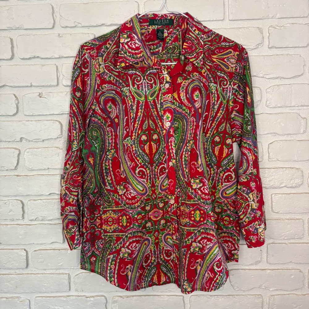 Vintage Lauren Ralph Lauren Red Paisley 3/4-Sleeve Button-Up Blouse Large Petite